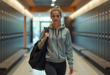 Douche à Basic Fit, équipements annoncés dans les salles de sport et conditions d’accès Jeune femme entrant dans la salle de sport moderne