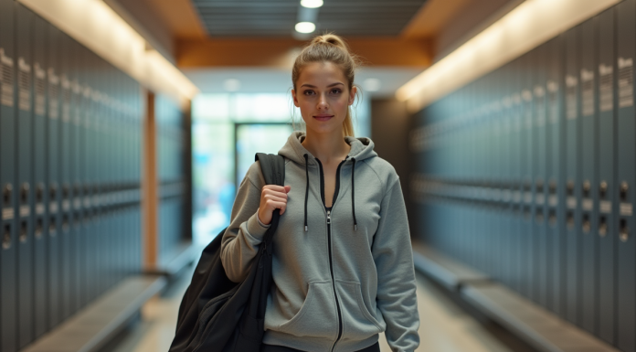 Douche à Basic Fit, équipements annoncés dans les salles de sport et conditions d’accès Jeune femme entrant dans la salle de sport moderne