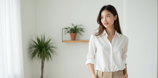 Jeune femme en blanc dans un salon moderne