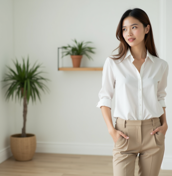 Jeune femme en blanc dans un salon moderne