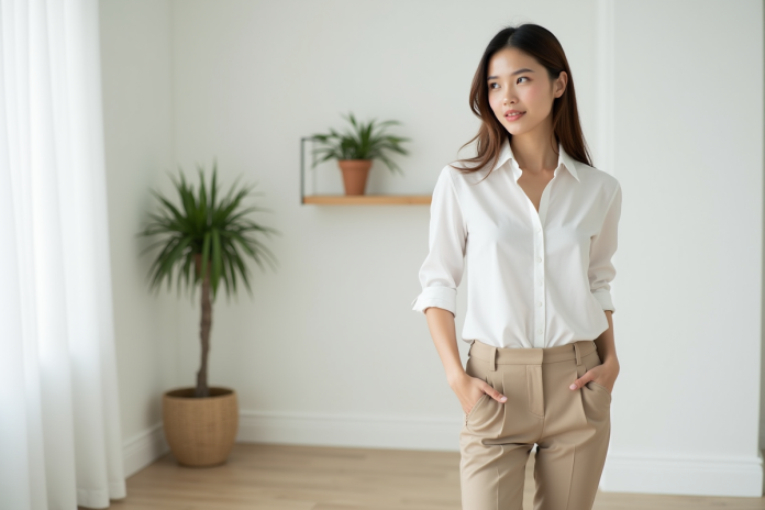 jeune-femme-salon-minimaliste Jeune femme en blanc dans un salon moderne