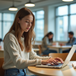 Que peut apporter MJM Cloud à votre parcours étudiant ? Jeune femme en jeans utilisant un ordinateur portable dans un espace d'étude moderne