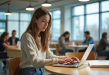 Que peut apporter MJM Cloud à votre parcours étudiant ? Jeune femme en jeans utilisant un ordinateur portable dans un espace d'étude moderne