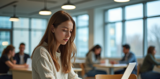 Jeune femme en jeans utilisant un ordinateur portable dans un espace d'étude moderne