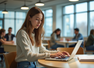 Que peut apporter MJM Cloud à votre parcours étudiant ? Jeune femme en jeans utilisant un ordinateur portable dans un espace d'étude moderne