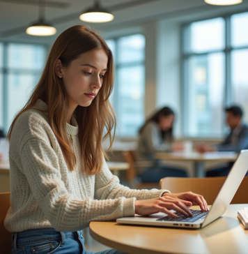 Jeune femme en jeans utilisant un ordinateur portable dans un espace d'étude moderne