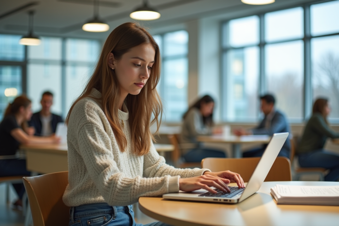 jeune-femme-travail-laptop Jeune femme en jeans utilisant un ordinateur portable dans un espace d'étude moderne