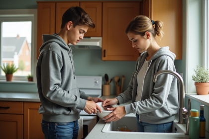 Adolescent aidant sa mère à faire la vaisselle dans la cuisine