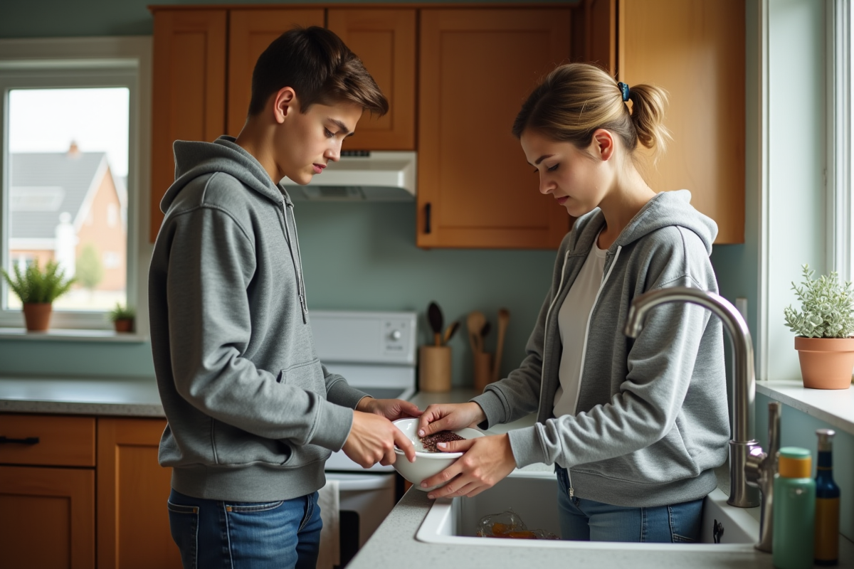 Adolescent aidant sa mère à faire la vaisselle dans la cuisine