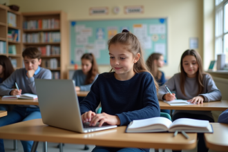 Jeune fille concentrée sur son ordinateur dans une classe lumineuse
