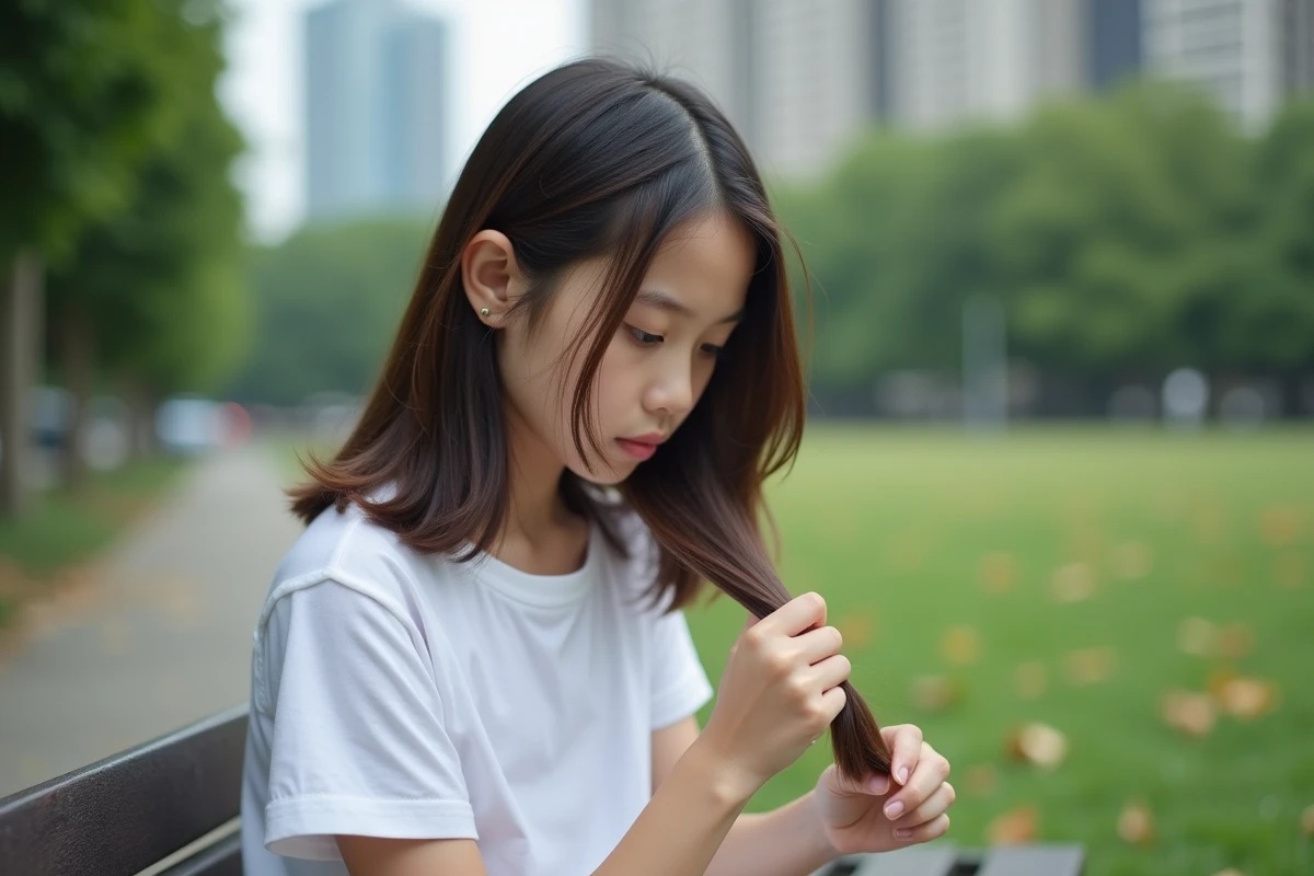 Jeune fille aux cheveux bruns inspectant une mèche en plein air