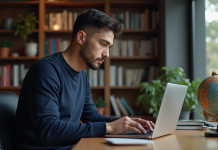 NordVPN : origine russe, fiable pour la confidentialité en ligne ? Jeune homme concentré travaillant sur un ordinateur dans un bureau cosy