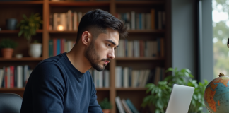 NordVPN : origine russe, fiable pour la confidentialité en ligne ? Jeune homme concentré travaillant sur un ordinateur dans un bureau cosy