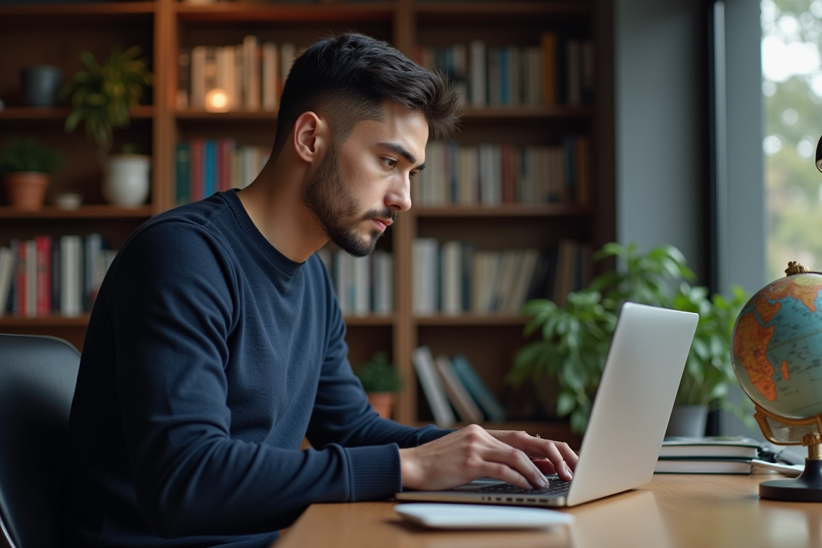 Jeune homme concentré travaillant sur un ordinateur dans un bureau cosy