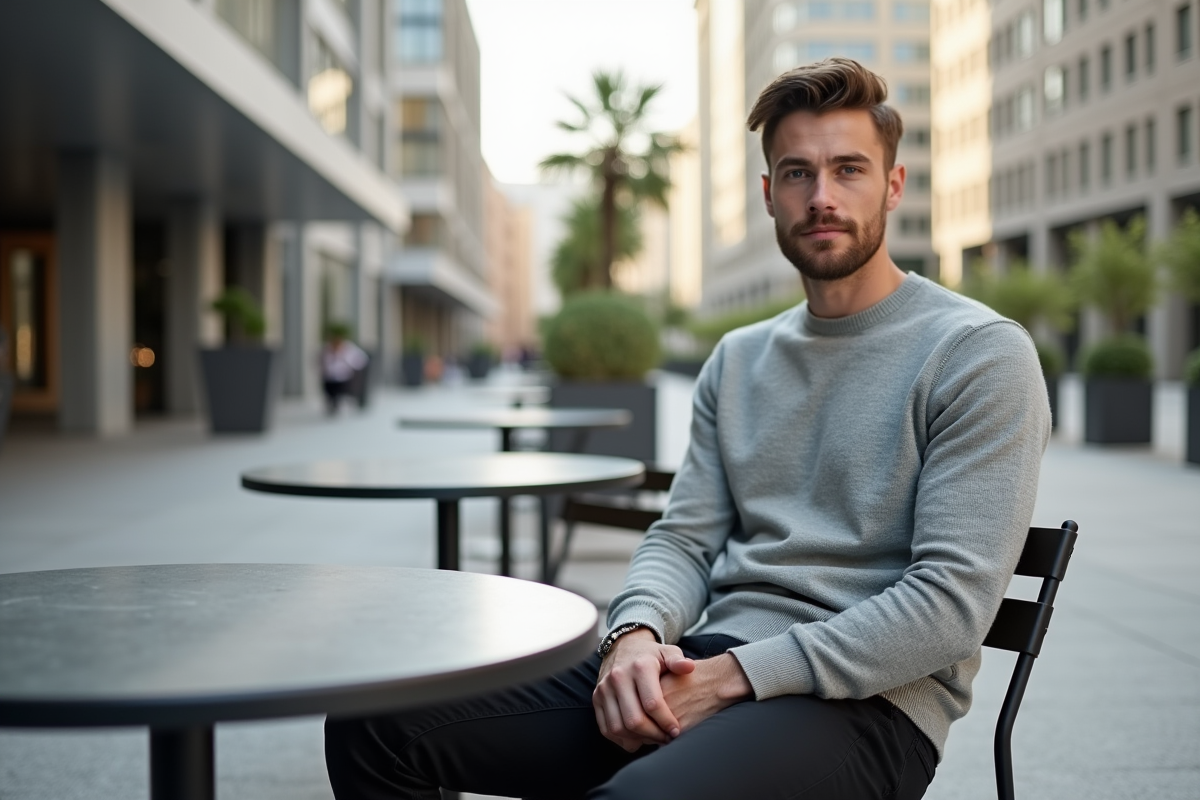 Jeune homme assis dans un café en ville