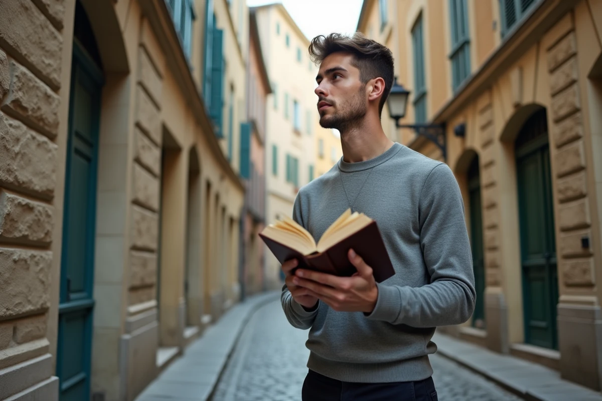 Jeune homme consultant un dictionnaire dans une rue pavée d'un ancien faubourg parisien aux façades historiques