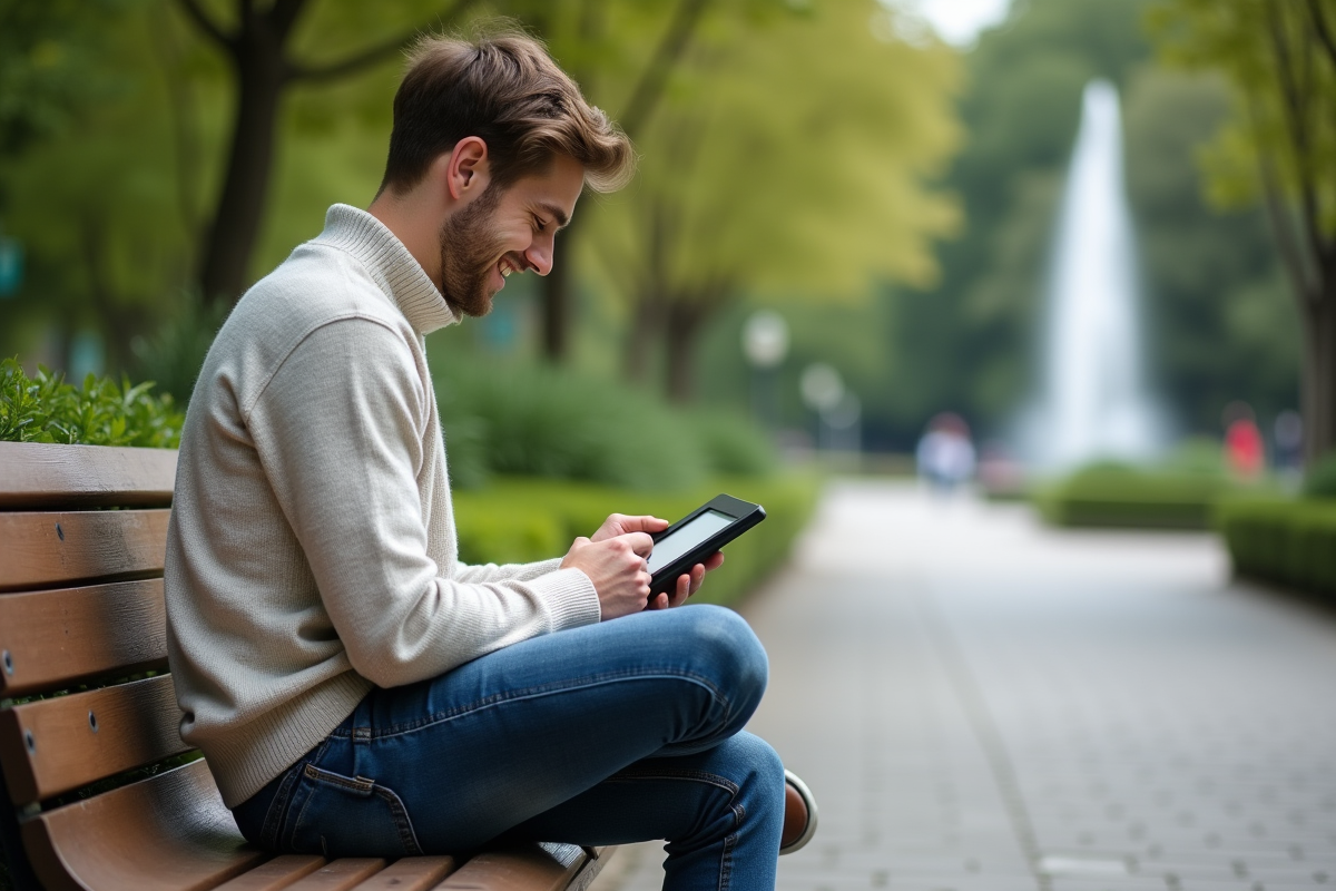 Jeune homme lisant un ebook dans un parc urbain ensoleille