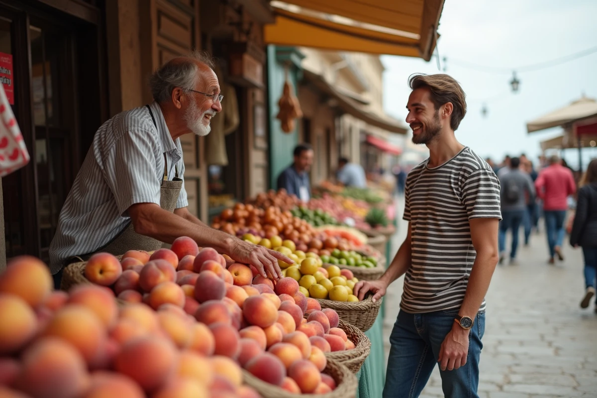 Jeune homme discutant avec un vendeur de fruits au marché de Le Barcarès