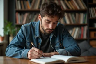Jeune homme pensif avec carnet de paroles dans un salon chaleureux