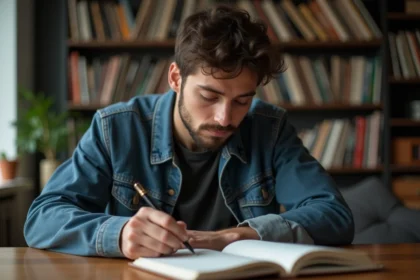 Jeune homme pensif avec carnet de paroles dans un salon chaleureux