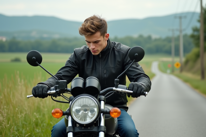 jeune-homme-moto-rurale Jeune homme inspectant une moto 125cc en campagne