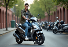 Jeune homme sur moto urbaine en portrait naturel