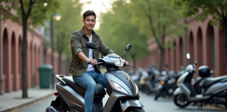 Jeune homme sur moto urbaine en portrait naturel