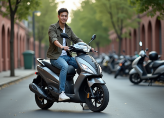 Jeune homme sur moto urbaine en portrait naturel