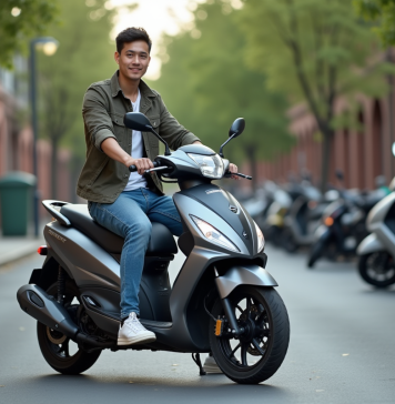 Jeune homme sur moto urbaine en portrait naturel