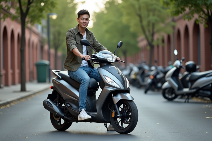 Jeune homme sur moto urbaine en portrait naturel
