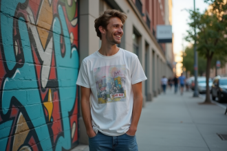 Jeune homme confiant devant un mur graffiti en ville