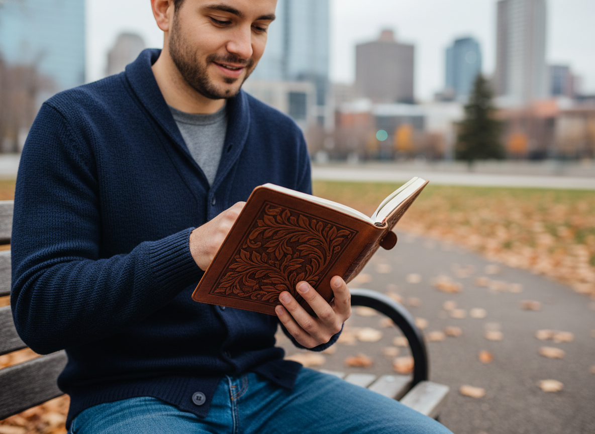 Jeune homme inspectant un carnet embossé en plein air