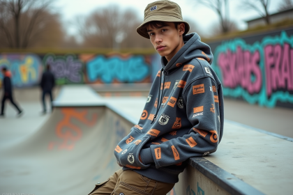 Jeune homme en streetwear dans un skate park urbain