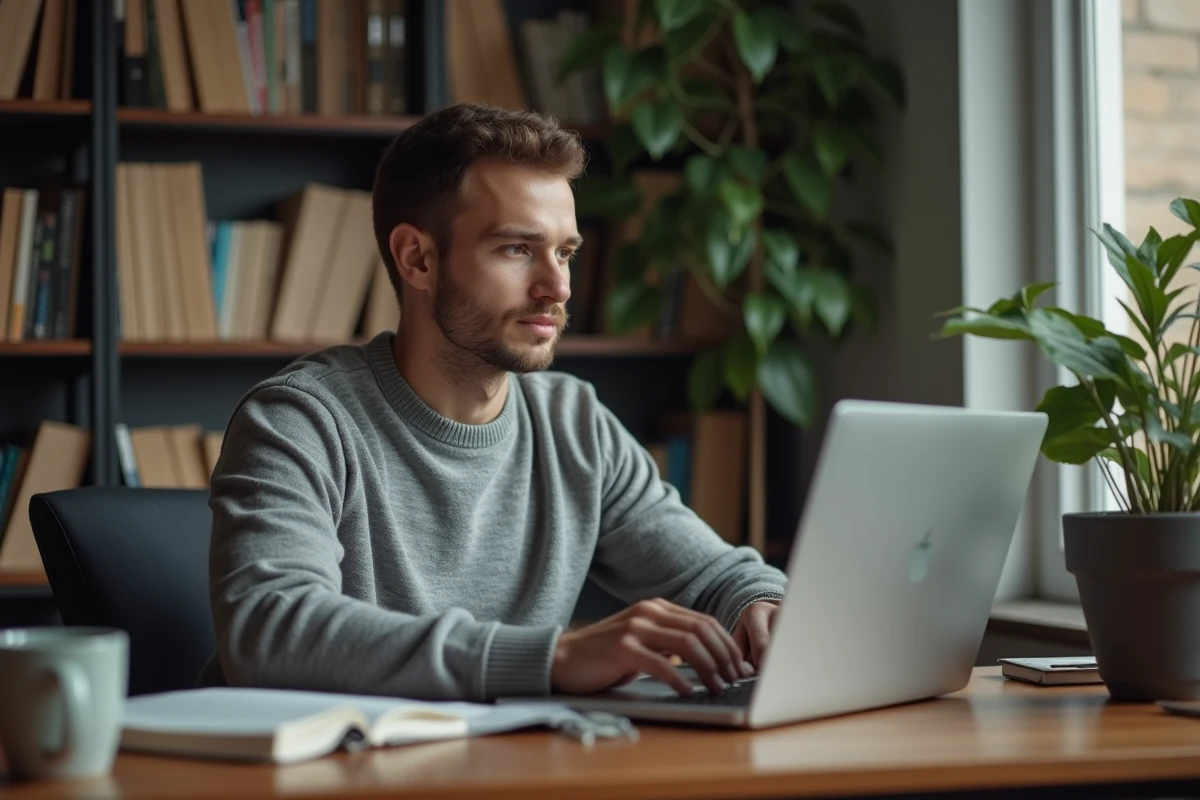 Jeune homme au bureau avec ordinateur et livres
