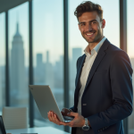 Métier digital : quel est le salaire le plus élevé ? Jeune professionnel en tech dans un bureau moderne avec skyline