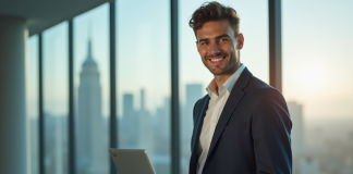 Jeune professionnel en tech dans un bureau moderne avec skyline