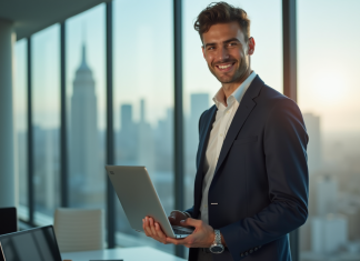 Métier digital : quel est le salaire le plus élevé ? Jeune professionnel en tech dans un bureau moderne avec skyline