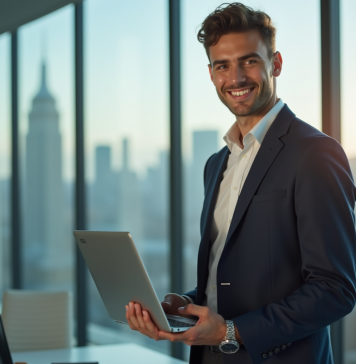 Jeune professionnel en tech dans un bureau moderne avec skyline