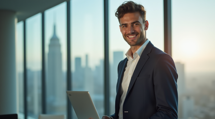 Métier digital : quel est le salaire le plus élevé ? Jeune professionnel en tech dans un bureau moderne avec skyline