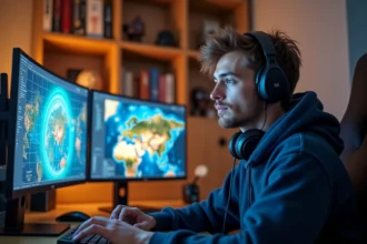Joueur concentré devant son setup gaming avec des portails fantastiques affichés sur ses écrans dans un bureau cosy