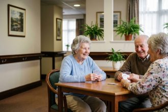 Seniors jouant aux cartes dans un centre de soins