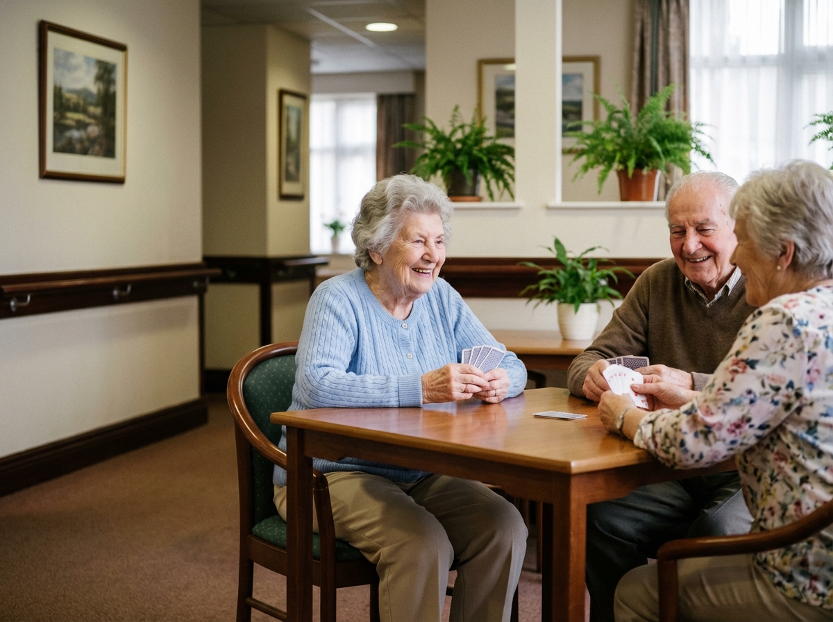 Seniors jouant aux cartes dans un centre de soins