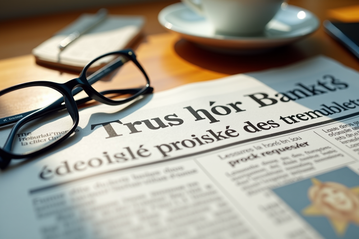 Journal financier avec lunettes et cafe sur bureau ensoleille
