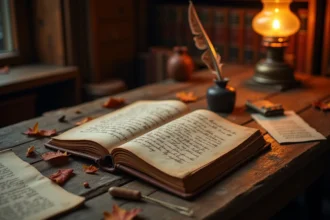 Journal ancien ouvert sur un bureau en chêne avec plume et encrier, évoquant la philosophie transcendantaliste de Ralph Waldo Emerson