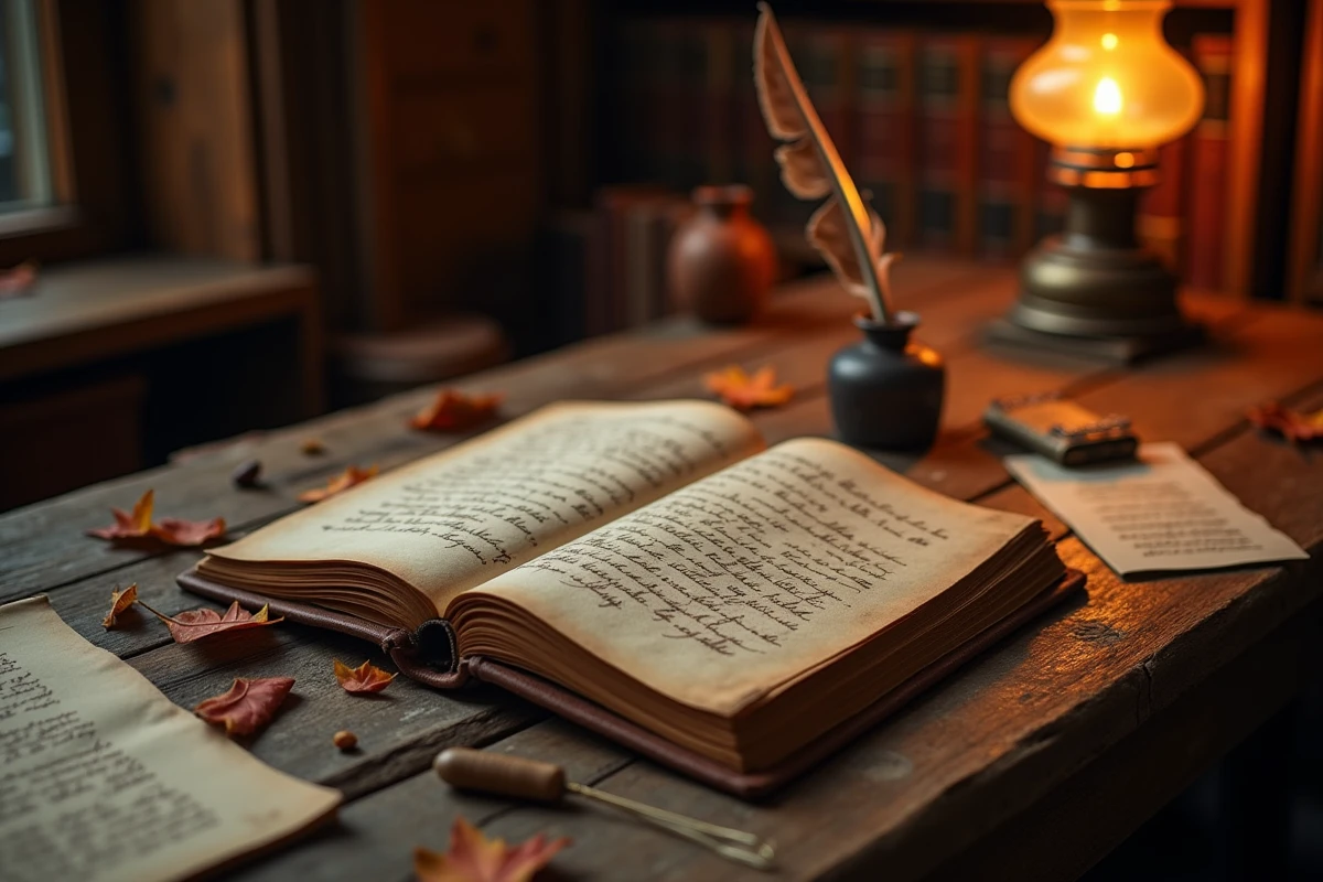 Journal ancien ouvert sur un bureau en chêne avec plume et encrier, évoquant la philosophie transcendantaliste de Ralph Waldo Emerson