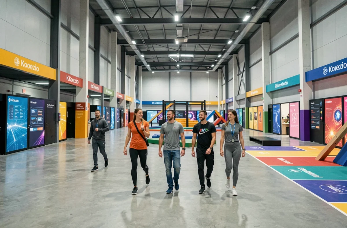 Groupe de participants courant dans les zones thématiques de l'espace Koezio à Cergy