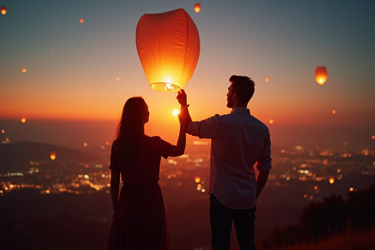 Couple dans la nature lançant des lanternes dans le ciel au coucher du soleil