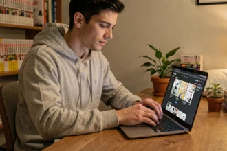 Jeune homme lisant des scans de manga One Piece sur un ordinateur portable dans sa chambre