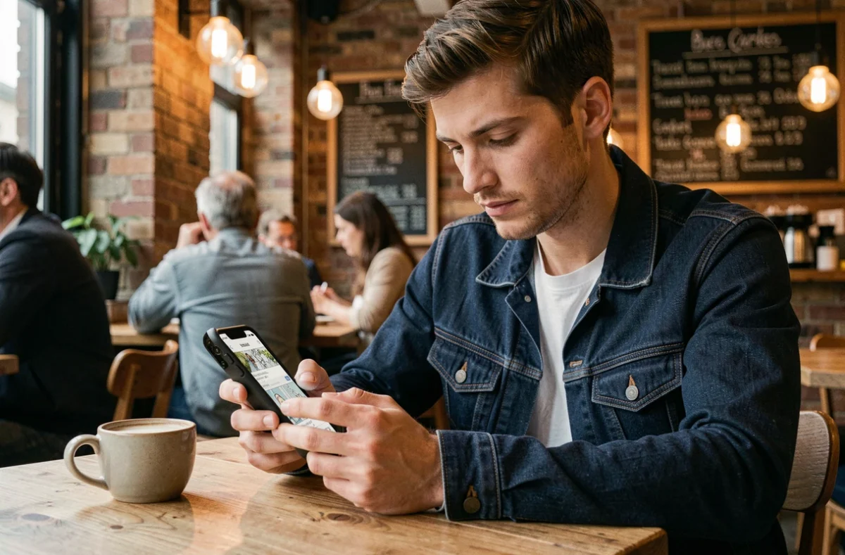 Homme lisant des scans One Piece sur smartphone dans un café urbain moderne