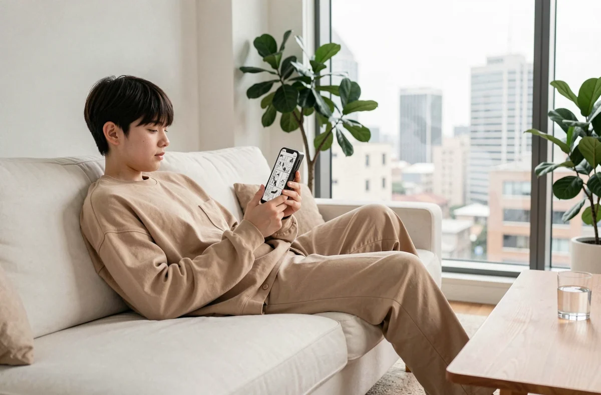 Jeune adulte lisant des scans de manga sur smartphone avec filtre de confidentialité dans un appartement moderne et urbain